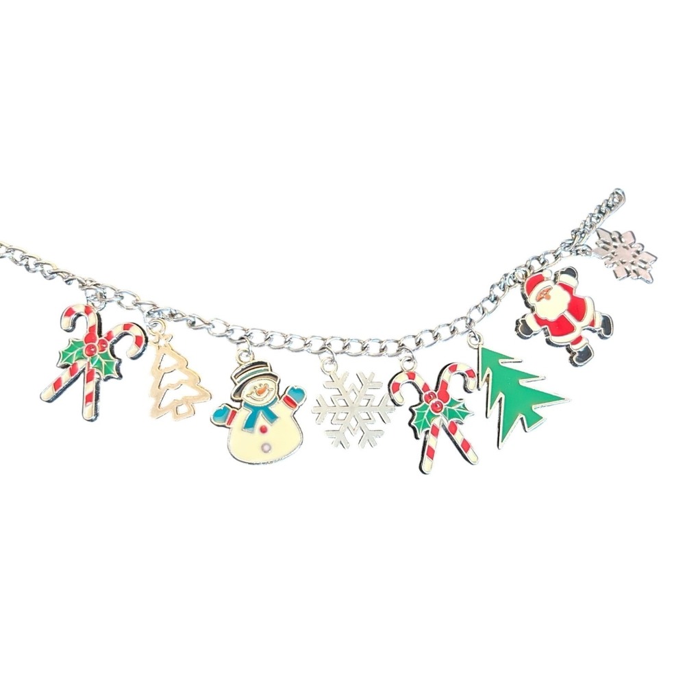 Christmas Holiday Charm Bracelet‎ Womens Silver Red Green Enamel Jewelry